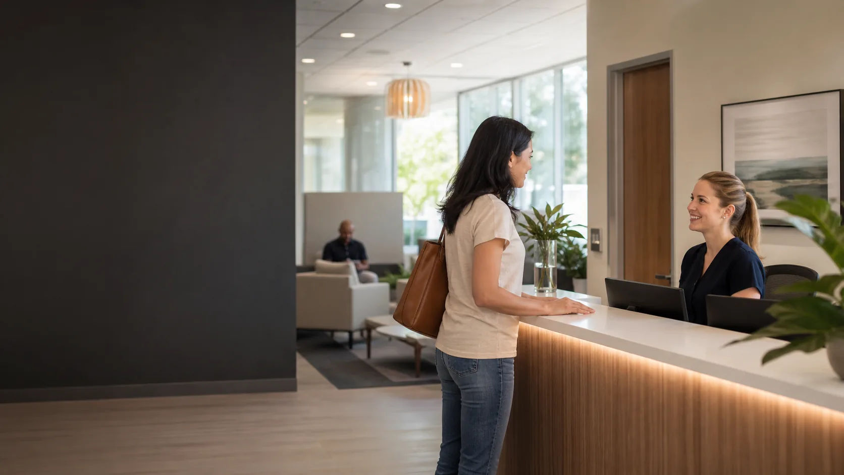 Warm modern medical clinic reception area with patient check-in